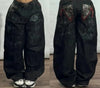 Harajuku Y2K Embroidered Baggy Wide-Leg Jeans for Women - Washed Distressed Low Waist Casual Hip-Hop Gothic