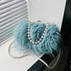 Luxy Moon Faux Fur Evening Bag with Pearl Chain and Long Tassel Plush Shoulder Tote Wedding Handbag