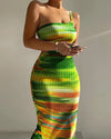 Ombre One-Shoulder Tie-Dye Ribbed Bodycon Midi Dress for Women — Sleeveless Cutout