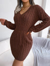 VigoCasey V-Neck Long Sleeve Knit Dress – Women's Autumn/Winter Solid Bodycon A-Line Ankle-Length