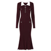 Women Mermaid Knit Sweater Dress — Long Sleeve Lapel Collar Slim Fit Mid-Calf Autumn/Winter