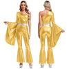 Women's 70s Disco Metallic Jumpsuit – Retro Hippie Bell-Bottom with Tiered Flare Sleeves, Back-Zip Party Costume