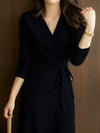 Women's Autumn Winter V-Neck Knit Wrap Dress — Korean Style Elegant A-Line Midi Sweater Dress