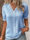 Women's Summer V-Neck Hollow Short Sleeve Top - Chiffon Splice Loose Plus Size Blouse