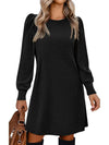 Women's Knit Puff Sleeve A-Line Dress with Pockets, Long Sleeve O-Neck Knee-Length Casual