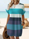 Plus Size Striped Knee-Length Dress with Roll-Up Sleeves and Pockets, Casual Comfortable Dress for Women