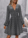 Asymmetric V-Neck Lantern Sleeve Knit Dress – Shirred Waist A-Line Winter Dress for Women