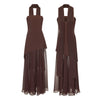 Combhasaki Strapless A-Line High-Slit Maxi Dress with Scarf, Ruffle Hem Backless Summer Party Dress