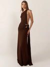 Mozision One-Shoulder Backless Maxi Dress with Metal Buckle, Diagonal Collar Sleeveless Draped A-Line Gown