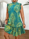 Plus Size Elegant Short Sleeve A-Line Dress, Black Gold Red Paisley Print, Ruched Hem Round Neck