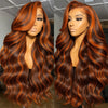 200% Density Ginger Brown Highlight Body Wave Lace Closure Wig – 26 inch (66 cm) Remy Brazilian Human Hair, Pre-Plucked 5x5 Glueless Ombre Ginger Orange