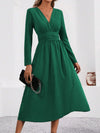 Women's Knit V-Neck Long Sleeve Midi Maxi Dress with Shirred Waist - Fall/Winter Solid Color