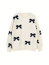 Plus Size Bow Round Neck Pullover Sweater - Thick Knit Autumn/Winter Beige, Korean Casual