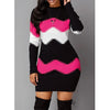 Women's Patchwork Rib Knit Turtleneck Sweater Mini Dress Long Sleeve Warm Casual A-Line