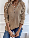 Women's Ribbed Button V-Neck Sweater – Long-Sleeve Casual Pullover for Spring & Autumn
