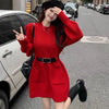 Autumn Winter Striped Knit Sweater Dress with Double Pockets, Korean Casual Loose Long Sleeve