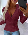 Women's V-Neck Button Knit Pullover - Autumn Long Sleeve Casual Sweater