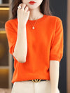 Women's Short-Sleeve Knit O-Neck Pullover - Wool-Cotton Blend Lightweight Summer Top