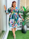 Plus Size V-Neck Chiffon Print A-Line Dress, Long Sleeve Knee-Length Empire Waist (0XL–3XL)