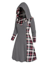 Women's Plaid Knitted Hooded A-Line Dress with Faux Buckle, High-Waist Long Sleeves
