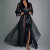 Women's Sheer Organza Maxi Dress V-Neck Lapel Lace-Up Long Sleeve Satin Evening Gown A-Line Empire Waist