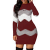 Women's Patchwork Rib Knit Turtleneck Sweater Mini Dress Long Sleeve Warm Casual A-Line