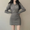 White Thick Knit Hooded Mini Dress - Korean Elastic High-Waist Bandage Long Sleeve Slim Fit