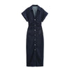 Women's Denim Midi Dress Ruched Short Sleeve Casual A-Line Streetwear for Spring Summer