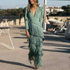 Elegant Deep V Neck Tassel Spliced Long Sleeve Maxi Dress for Women – A-Line Prom & Party