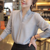 Korean Solid V-Neck Chiffon Blouse — Elegant Long Sleeve Loose-Fit Women's Commuter Shirt