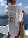 Women's Sequin Evil Eye Long Sleeve Cotton-Blend Blouse - Loose Summer Casual Turn-Down Collar