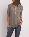 Women's Summer Loose Chiffon Blouse Deep V-Neck Zipper Pullover Casual Plus Size