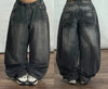 Oversized Black Washed Wide-Leg Jeans for Women - Loose High-Waist Streetwear with Letter Print