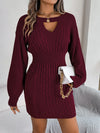 Women's Knit O-Neck Lantern Sleeve Hollow-Out Sweater Dress Autumn Winter Casual Above-Knee