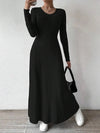 Knitted Long-Sleeve A-Line Dress — Slim Fit Solid Color Ankle-Length Streetwear for Women