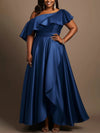 Plus Size Satin One-Shoulder Ruffle Evening Dress - A-Line Empire Waist, Floor-Length Blue
