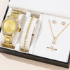 Women's Luxury Quartz Watch & 5-Piece Rhinestone Jewelry Set – Stainless Steel Strap, Bracelet, Necklace, Earrings & Ring
