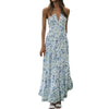 Women's Boho Chiffon Halter V-Neck Sleeveless Tiered A-Line Maxi Dress — Backless Beach Dress