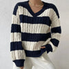 Women's V-Neck Striped Color Block Pullover Sweater — Loose Casual Autumn/Winter Knit Top