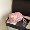 Plush Travel Makeup Bag with Handle — Heart Print Cosmetic Organizer Clutch Pouch