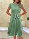 Elegant Summer Pleated Midi Sundress – Short Sleeve O-Neck Casual Beach Tunic (Solid Colors)
