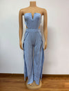 Women's Summer V-Neck Hollow-Out High-Waist Slim-Fit Jumpsuit Backless Split One-Piece Pants