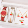 6-Piece Red Women’s Watch & Cherry Jewelry Gift Set – Minimalist Quartz Watch with Leather Strap