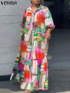 Plus Size 5XL Bohemian Printed Maxi Dress Long Sleeve Button-Front Vintage Casual Sundress