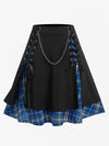 Plus Size Gothic Plaid Pleated Skirt High-Waist Lace-Up Chain Detail Layered Knee-Length Up to 5XL