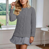 Women’s Winter Cable Knit Chiffon-Splice Round Neck Mini Dress – Casual Slim Fit
