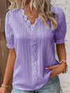 Women's Summer V-Neck Hollow Short Sleeve Top - Chiffon Splice Loose Plus Size Blouse
