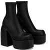 Women's Short Square-Toe Mid-Calf Boots with Side Zipper, Thick Platform High Heels - PU & Canvas