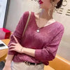Women's V-Neck Crochet Hollow-Knit Batwing Sweater - Loose Lightweight Autumn Korean Pullover
