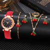 6-Piece Red Women’s Watch & Cherry Jewelry Gift Set – Minimalist Quartz Watch with Leather Strap